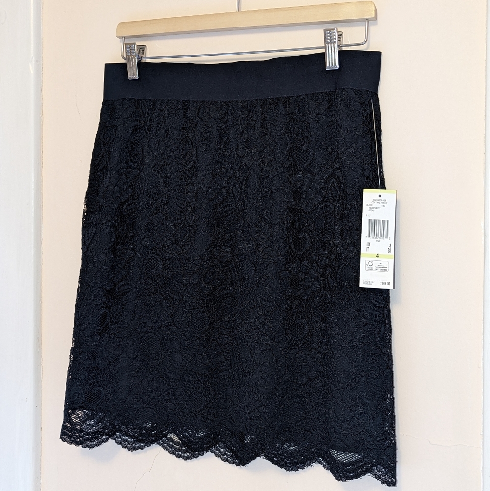 Anne Klein Sheer black lace mini skirt elastic waistband size 4 NWT